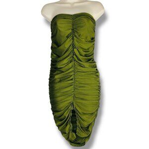 Bandeau Ruched Knees Length Dress Olive Green Cocktail Date Night Event Elastic